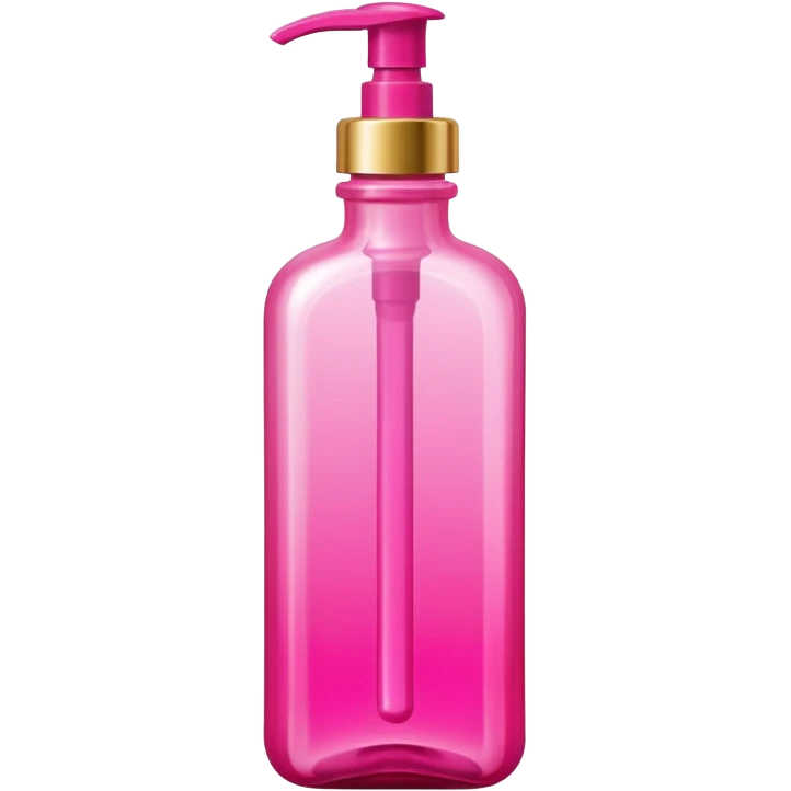 A tall, translucent bottle in a vibrant pink shade with a glossy finish. It has a rectangular shape with rounded edges and a thick base. The pump-style cap is metallic pink. In the center, there are curved graphic elements and vertical lines, with text in white and gold. emoji
