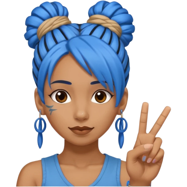 brown girl with blue dreads in a bun giving peace sign and middle finger emoji
