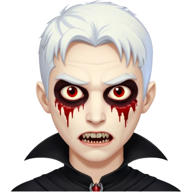 Creat a young man Vampire with white skin and white hair and full black vampire clothes and bloody eyes and long fangs and scary dead eyes emoji