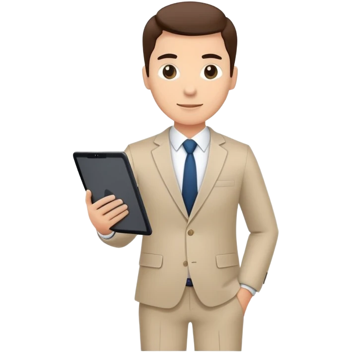 A flat-style illustration of a business executive confidently, holding a digital tablet or folder. The character wears smart business attire, clean cartoon style, white background, iOS emoji aesthetic. emoji
