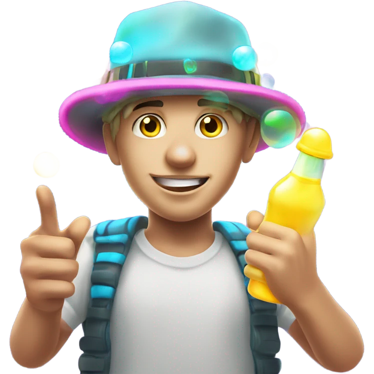 Caucasian boy at rave wearing a glowing outfit and hat with bubble guns in each hand emoji