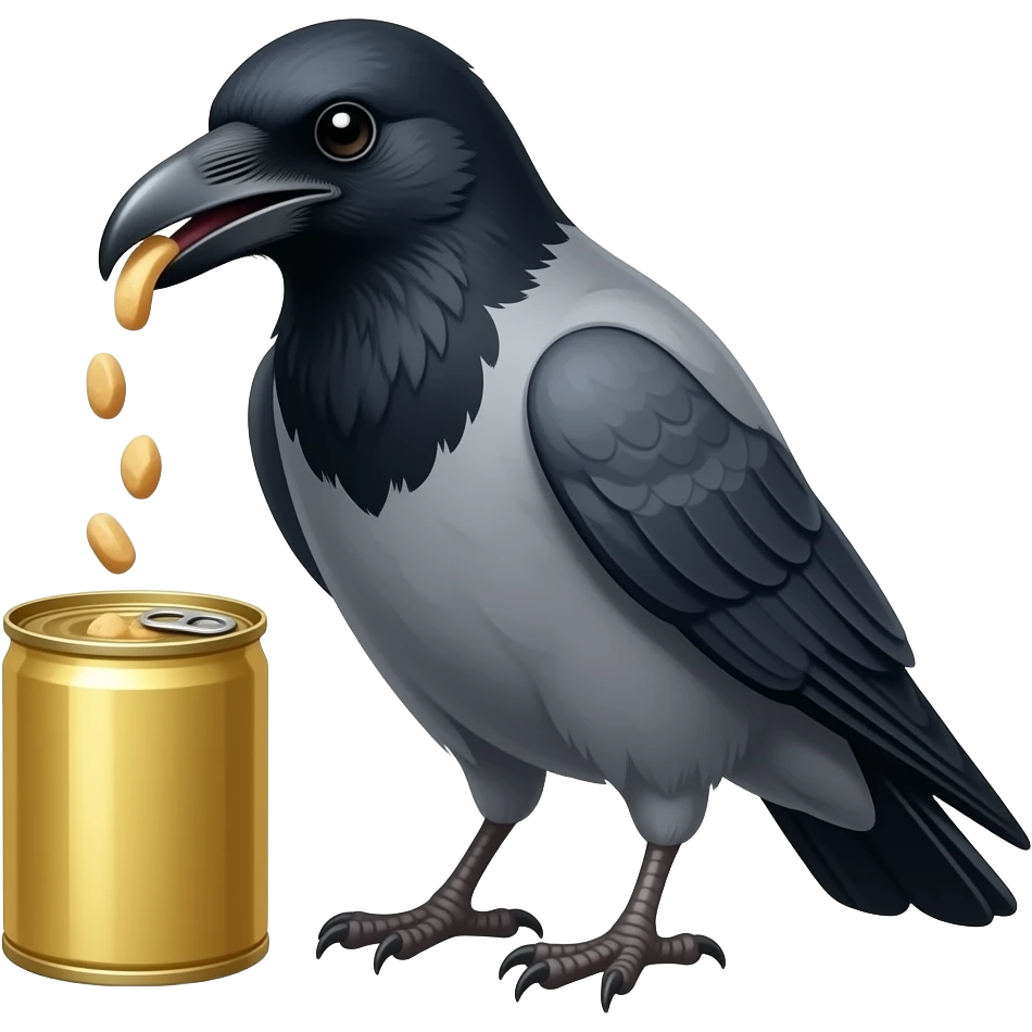 a grey crow eating food from a golden can emoji