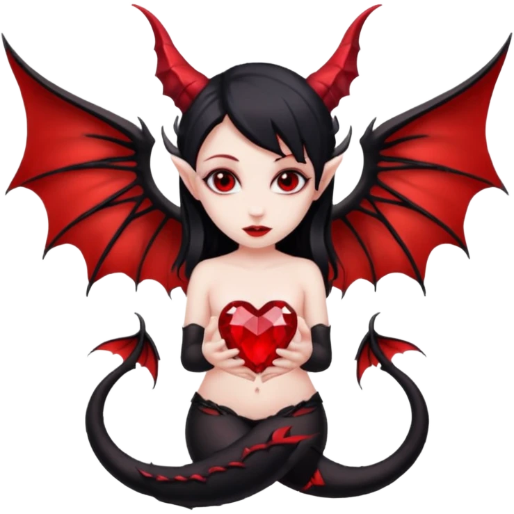 small black succubus wings, cryhstal heart red, succubus tail emoji