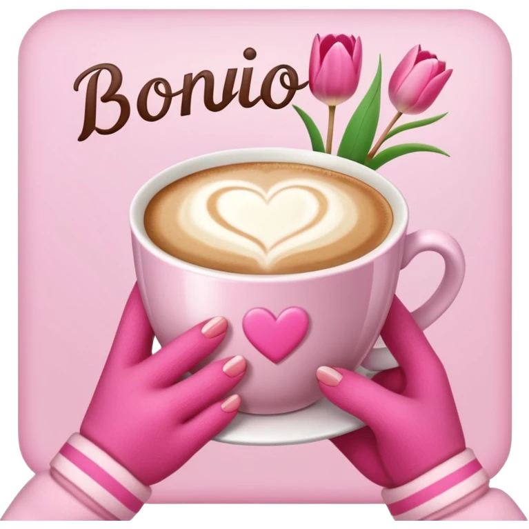 A cozy scene featuring a cup of cappuccino with the word “Bonjour” written on it, adorned with pink tulips, and held by hands wearing pink sleeves. The scene is decorated with pink hearts and candy canes. emoji