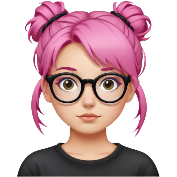 Girl with pink hair in a messy bun and black glasses emoji