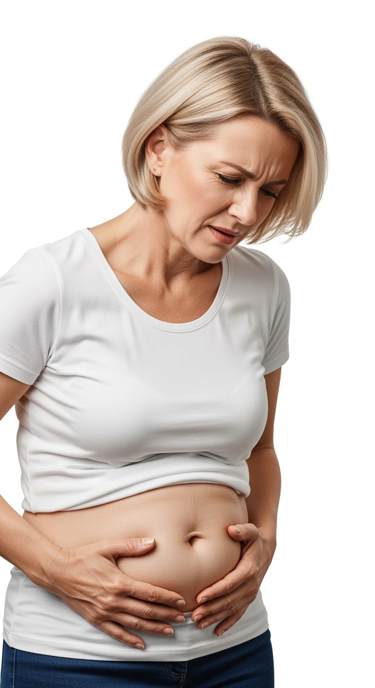 DONNA 50ENNE CON INTESTINO DOLORANTE VISIBILE, iperrealistico 4k, ISOLATA SU SFONDO BIANCO emoji