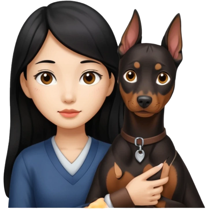 A long black hair Asian girl with a Doberman emoji