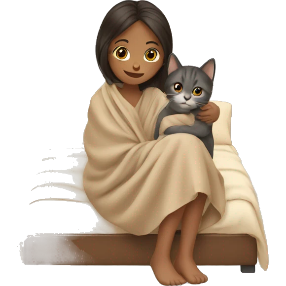 girl petting cat in beige blanket emoji