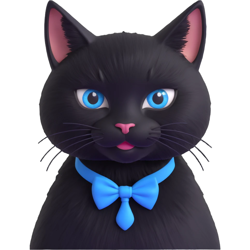 black cat with a blue bowtie collar, 3D cartoon style, semi-realistic fur texture, shiny eyes emoji