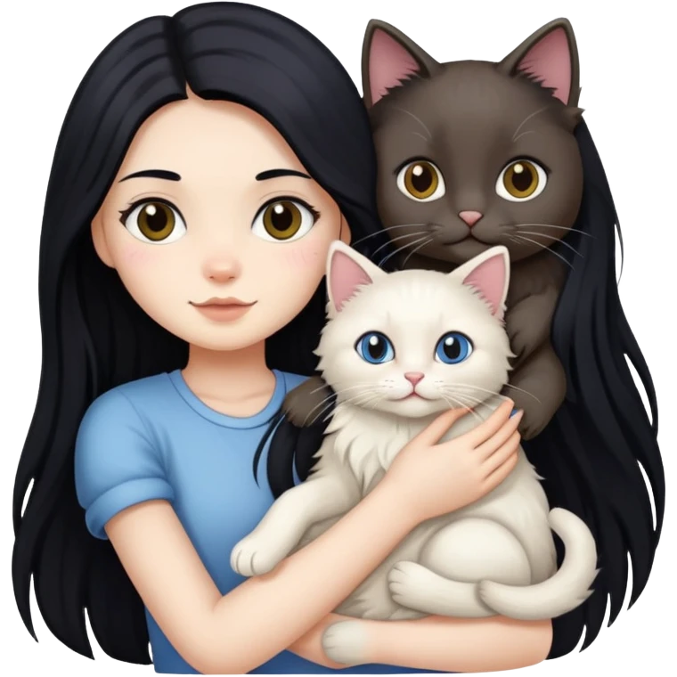 A girl with long black hair holding a ragdoll cat emoji