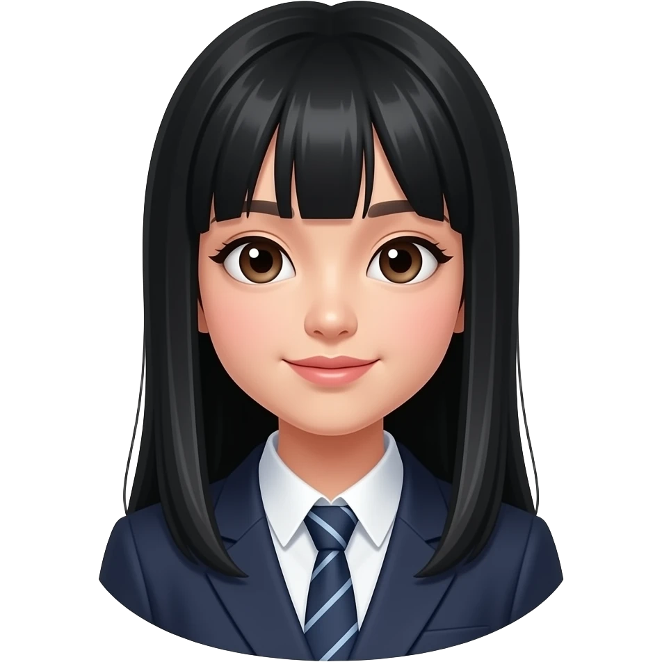 trendy schoolgirl with Asian skin, straight black long hair, chic uniform, speach bubble emoji
