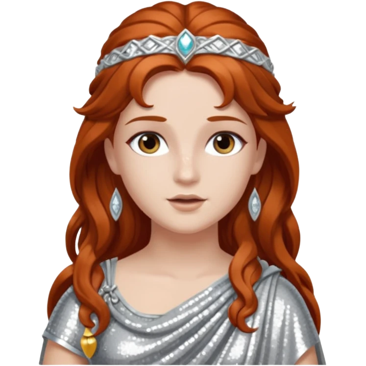 Diana from Roman Deities with long auburn hair, silver sequin toga emoji