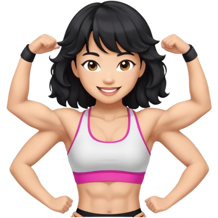 Asian women with muscle on arms and abs. Black hair, wavy, bangs, light skin, flirty smiles, sports bra emoji