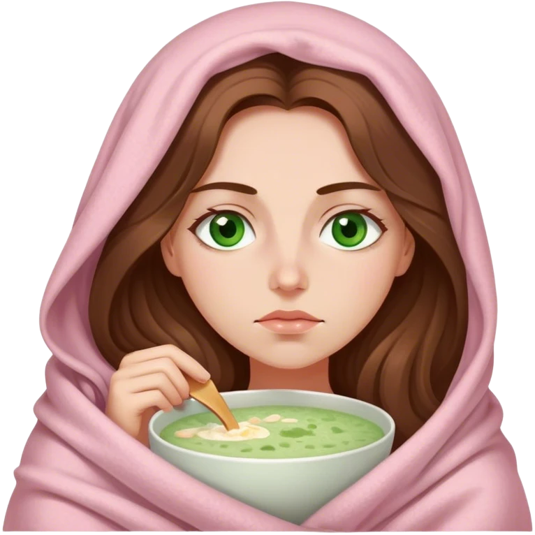 woman with very long brown hair and green eyes in a light pink blanket sleepy with porridge emoji