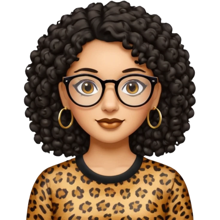 A women who wears glasses with a black curly hair, in a leopard print shirt, hoop earrings   emoji