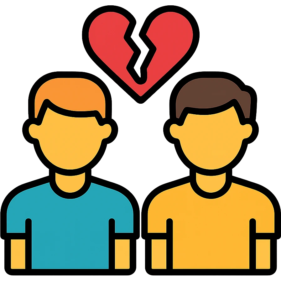two men gay couple breaking up with a broken heart between them emoji