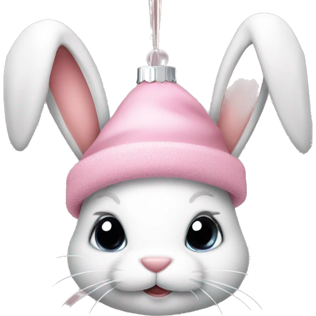 Cute bunny with long ears hanging down. A light pink Christmas hat. And holding a Christmas ornament  emoji