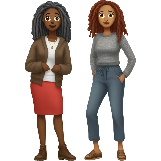 One woman with gray locs wearing pants , other woman is brown with red locs in a knee-length dress with a cozy sweater, shopping in yardsale emoji