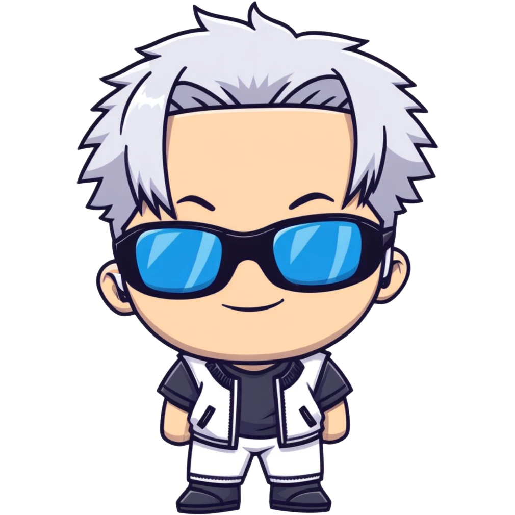 Satoru Gojo from Jujutsu Kaisen, white hair, dark sunglasses, confident smirk, blue eyes, chibi face proportions, energetic expression emoji