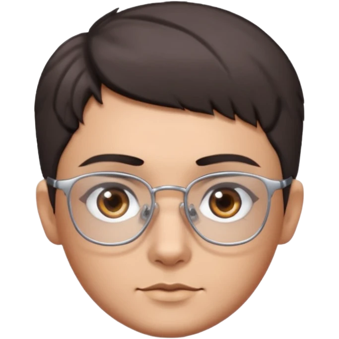 personagem com corte de cabelo Wolf cut curto, cabelo castanho escuro, olho castanho escuro, sombrancelha castanho escuro, óculos sem aro prata quadrado. emoji