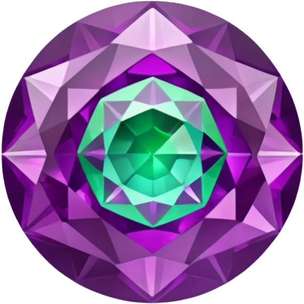 circular faceted alexandrite gemstone with play symbol in center, sparkling purple and green hues, emoji style emoji