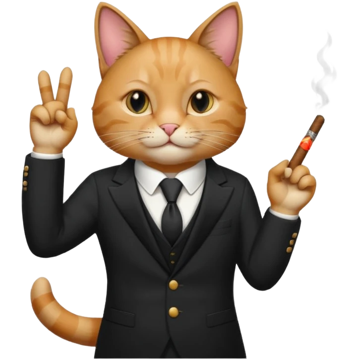 A cat in the black suite with a cigar in a paw with the other paw in the "classic" hand gesture with a "classic" face. emoji