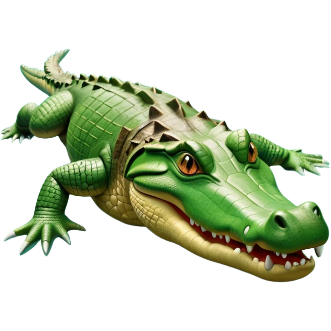 cinematic-crocodile-realistic-full-body-on all fours-emoji,-massive-scaled-body-partially-submerged-in-shallow-water,-head-tilted-dramatically,-rough-green-and-brown-hide-textured-with-deep-ridges,-simplified-yet-realistic-focused-features, head held high emoji