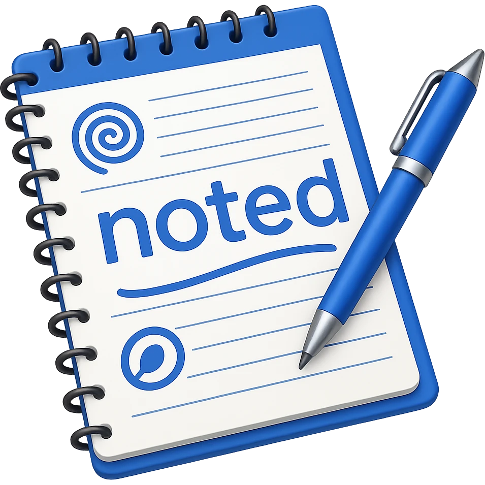 Add the word 'noted' in a clear, simple font integrated with the apple style emoji. Keep the apple emoji style look and ensure no background (transparent). emoji