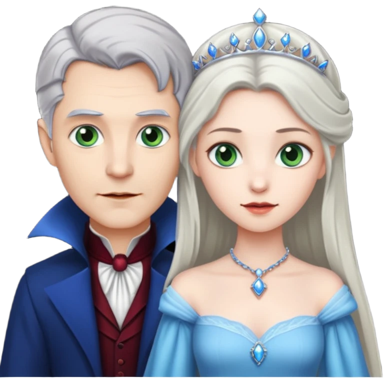 A vampire man with gray hair and blue eyes and a princess with light brown hair and green eyes emoji