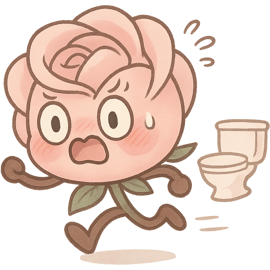 soft pink rose flower with puffed cheeks making a panicked toilet run, eyes bulging, legs dashing, pastel tones, chibi round shape emoji