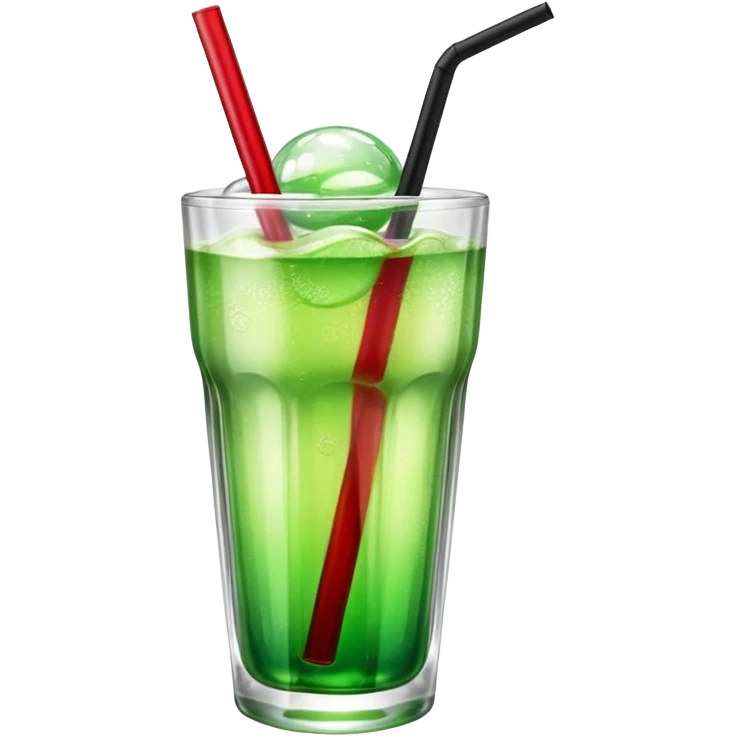 Create an emoji with a clear rounded glass, bright transparent green soda with fine bubbles, a smooth vanilla scoop, a glossy red cherry, and a black straw, using vibrant colors, soft shading, and clear glass highlights.
 emoji