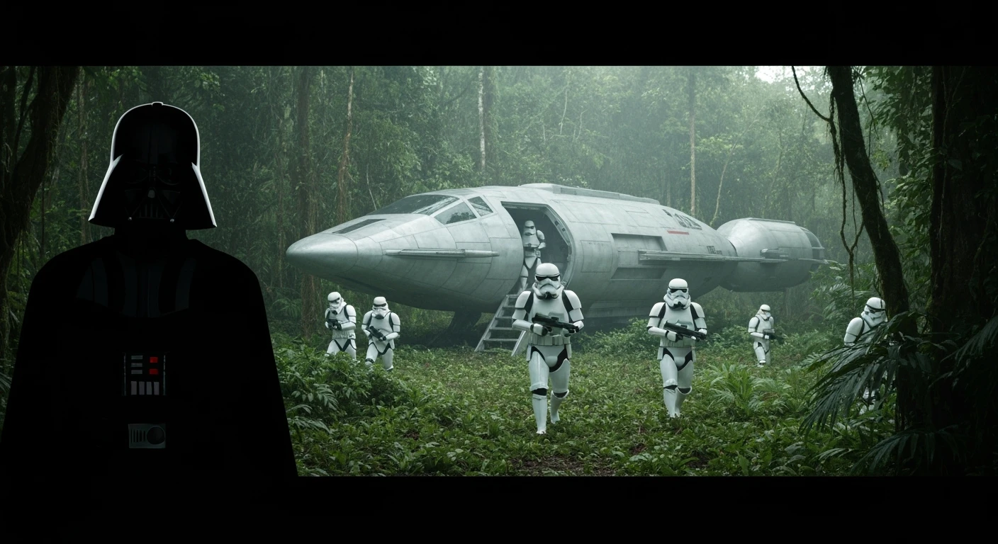 cinematic still, Medium shot, amazon jungle, Darth Vader around stormtroopers coming out from starship on ground, they are exploring the jungle, inspired by StarWars movie, captured by arri alexa emoji
