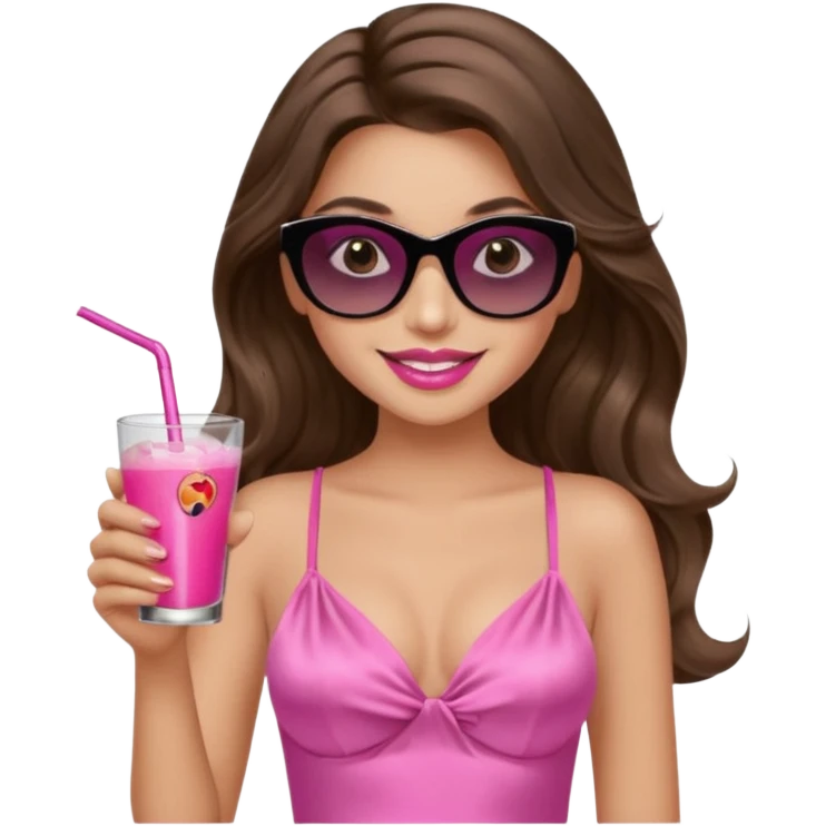 girl with long wavy brown hair, brown eyes, long lashes makeup, sexy pink lips, smiling, light to medium complexion, wearing a pink sexy silk top, relaxing in a beach chair, wearing black sunglasses, holding a drink emoji
