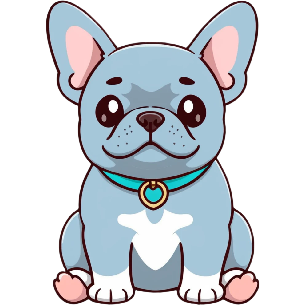 Grey French bulldog with turquoise collar sitting facing forward emoji