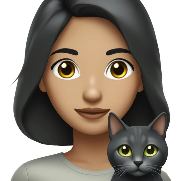 A Hispanic woman  with light freckles with  long black hair holding a Dark gray cat with light green eyes emoji