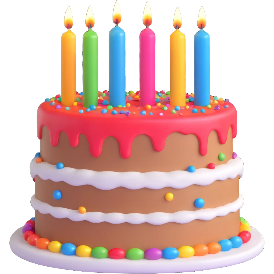 animated birthday cake, 3D style, glossy icing, colorful candles, sparkles emoji