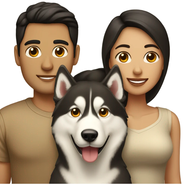 A couple man and woman Both have dark hair, with in the middle of them. A Husky. Golden beige emoji