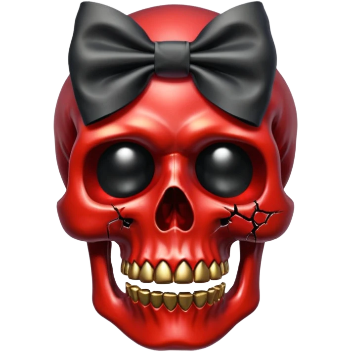 make me a red crystal skull partly see thew super gem like make it realistic and held together by a big black bow super realistic skull cracking all over the eyes are black gems with a hint of gold in the center emoji