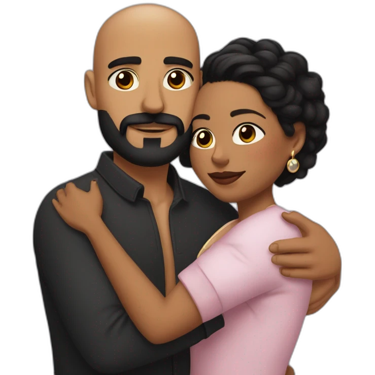 Shaved hair latino man with skin fade, detailed moustache and beard, cuddling a black woman with straight black hair and big earrings emoji