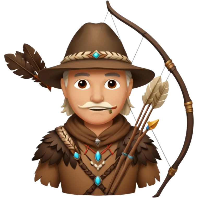 The classic middle-aged hunter with a bow and arrow on his back, dressed in brown with decorations made of feathers or bone teeth emoji