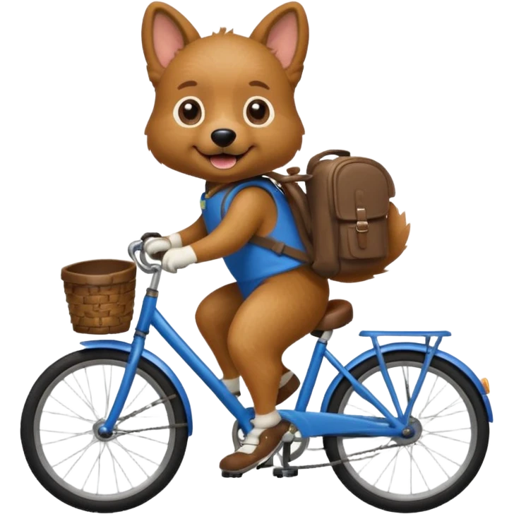 A dog is riding a bicycle and wearing a backpack. emoji
