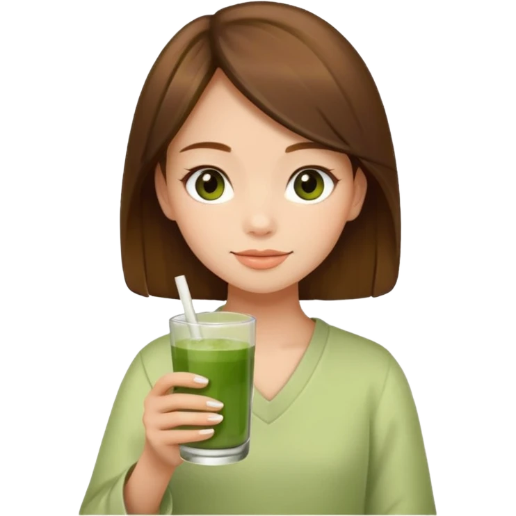 The matcha must be in a glass, so a vanilla matcha in a glass. It must look completely like matcha, and a girl with brown hair should then hold the matcha glass in her hand, but the matcha must look like matcha, and the girl must look younger. emoji