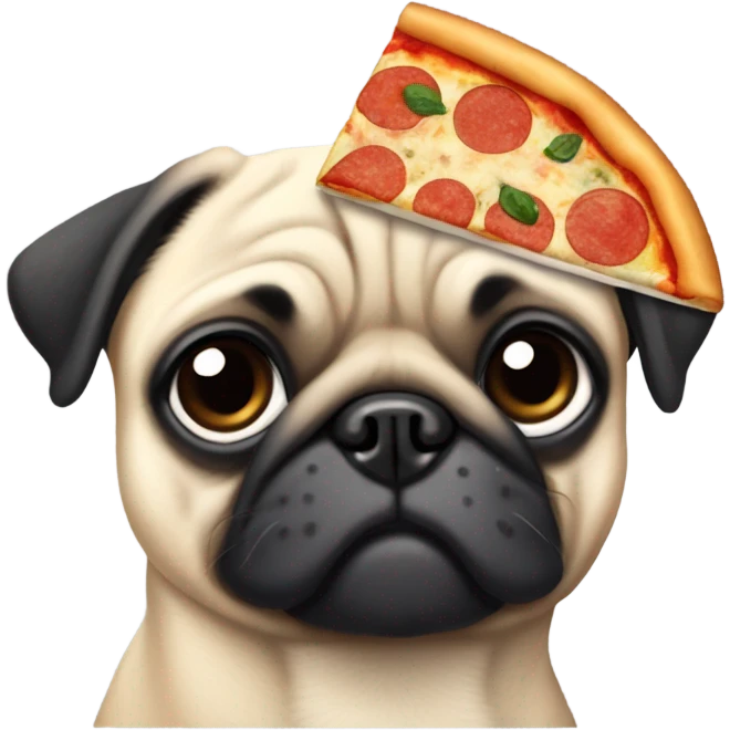 Black and gray Eurasian pug eating pizza emoji