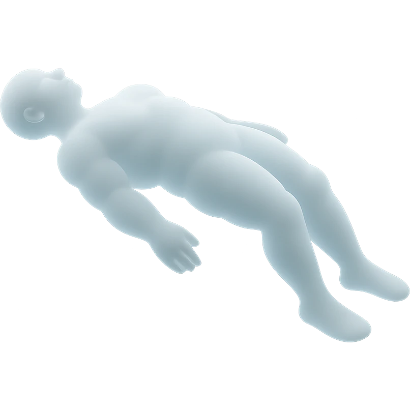 side view of unconscious person flying torso up, arms and legs down, made of very bright white convex clouds, matte glass style emoji