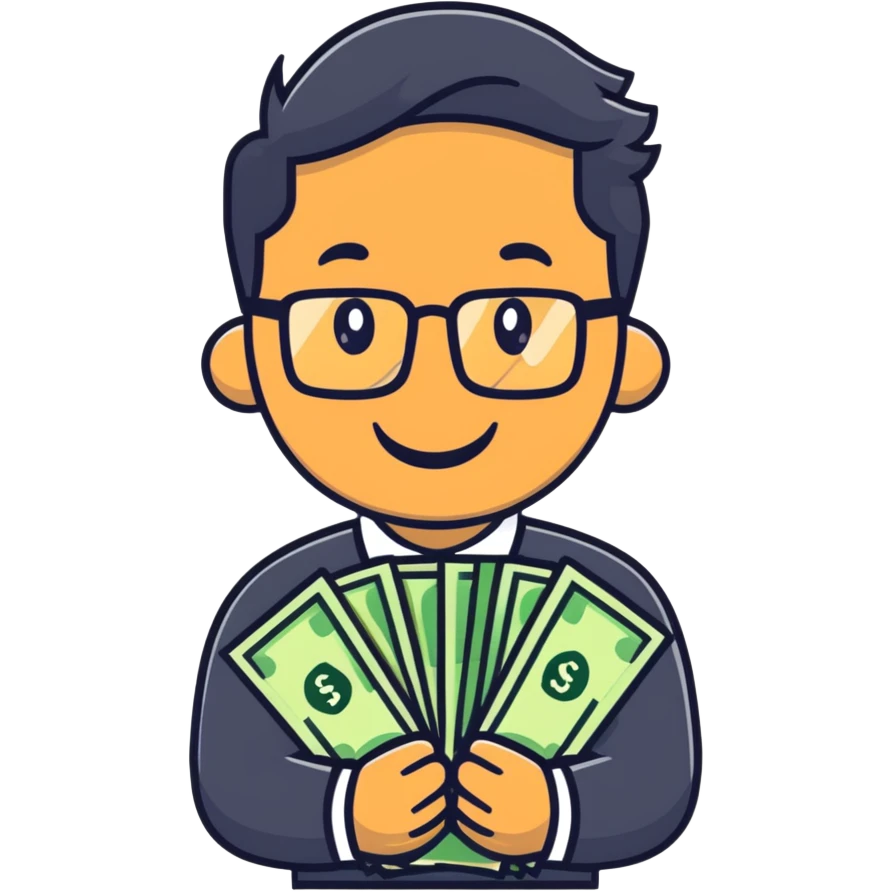 Indian finance bro with glasses, smiling, holding a stack of money, cartoon sticker emoji