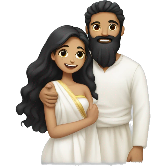 Light skin;Black long hair girl  in a white saree hugging with a man with black beard and hair on top emoji