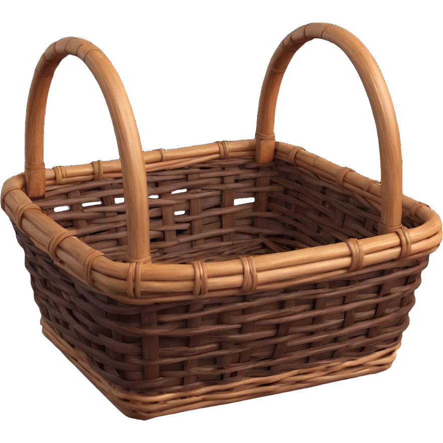 wicker basket, 3D, rustic, dark aged wood, thick weave, no text emoji