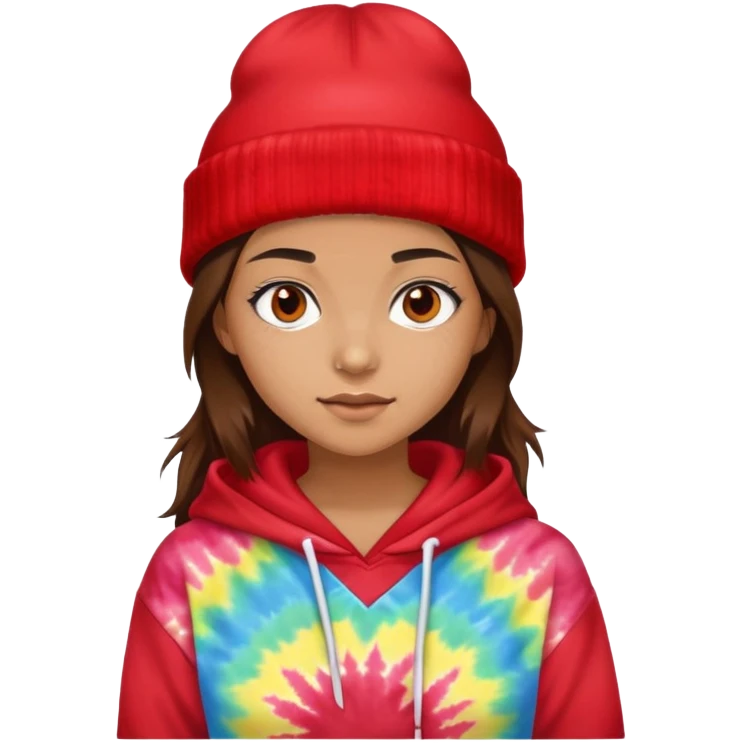 brunette girl with a red beanie on and a tiedye hoodie emoji