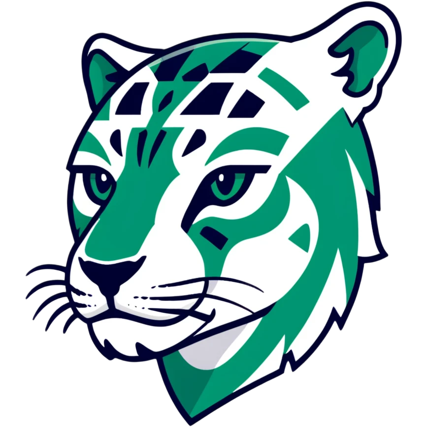 Ancient Egyptian style profile of jaguar with strict geometric lines, flat hieroglyphic style, only white and deep dark green, no curved lines, angular shapes only emoji