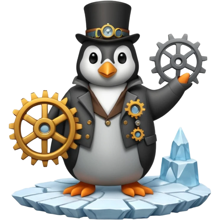 a steampunk engineer penguin fixing a complex gears system on top of an iceberg emoji